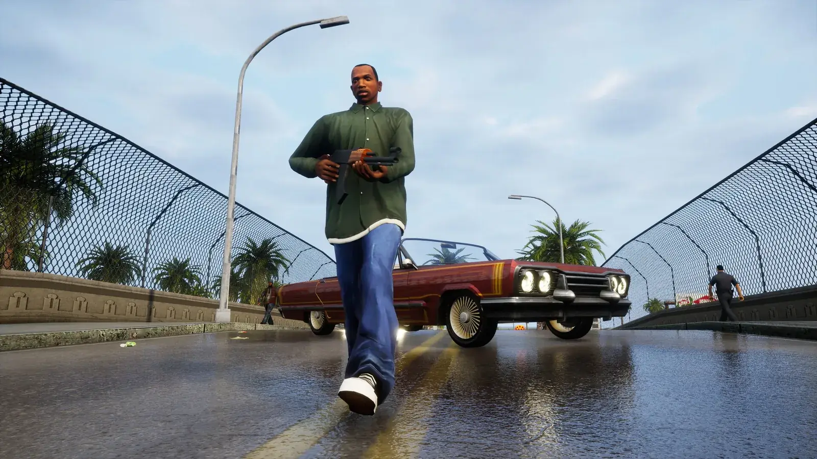 San Andreas Definitive Edition: CJ jde po mokré silnici, za ním lowrider