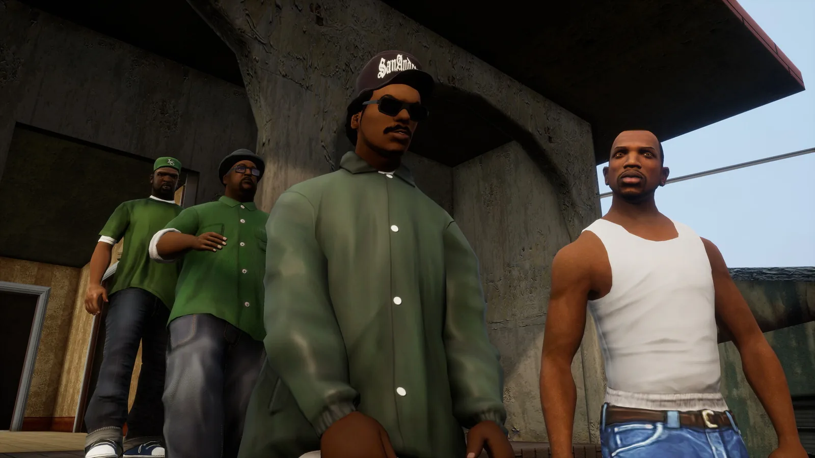 San Andreas Definitive Edition: CJ s členy gangu v zelených bundách