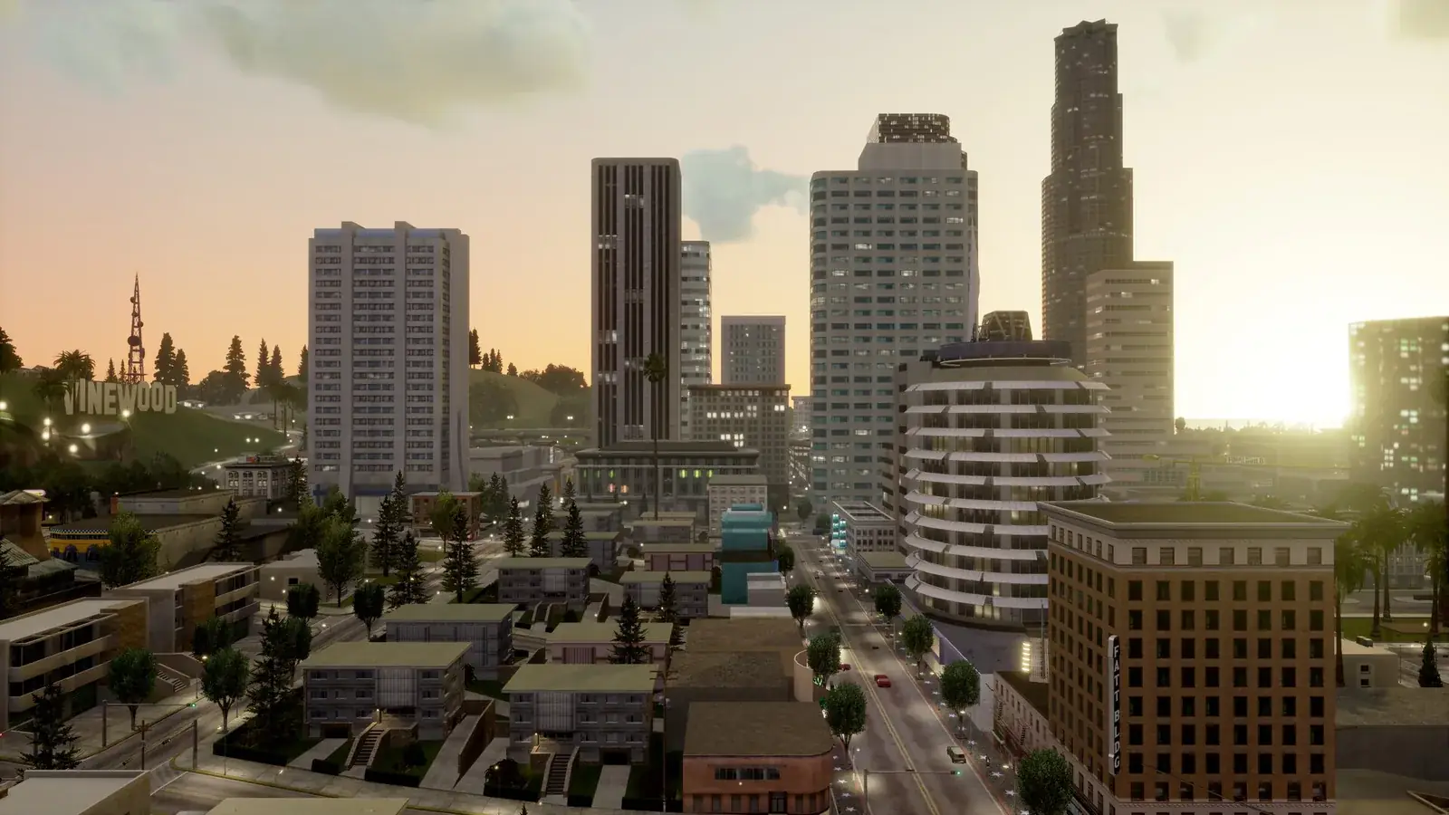 San Andreas Definitive Edition: panorama Los Santos při západu slunce
