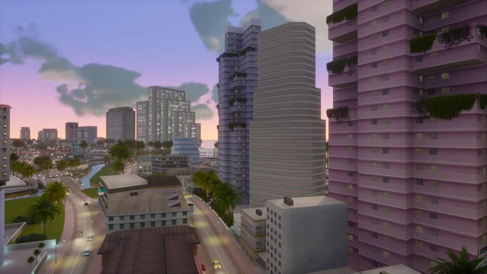 Vice City Definitive Edition: panorama města s růžovými výškovými budovami
