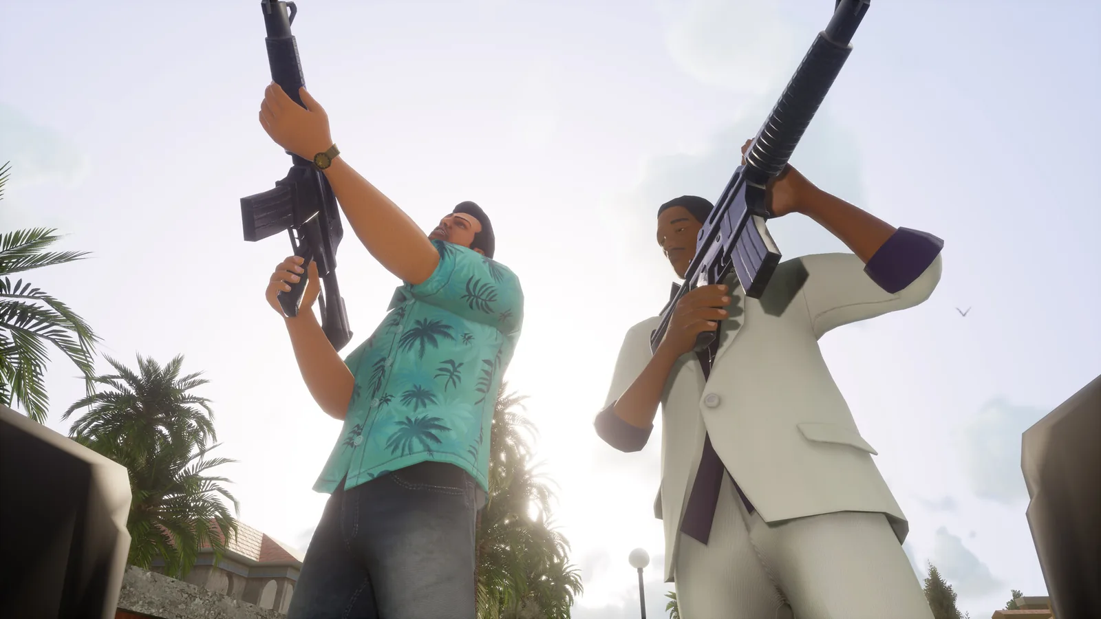 Vice City Definitive Edition: dvě postavy v košilích s puškami nad hlavou