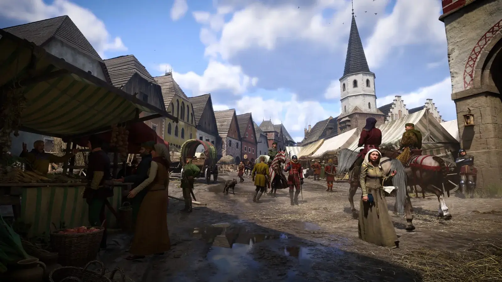 Trh v Kutné Hoře v Kingdom Come: Deliverance 2, ulice s domy, lidmi a koňmi