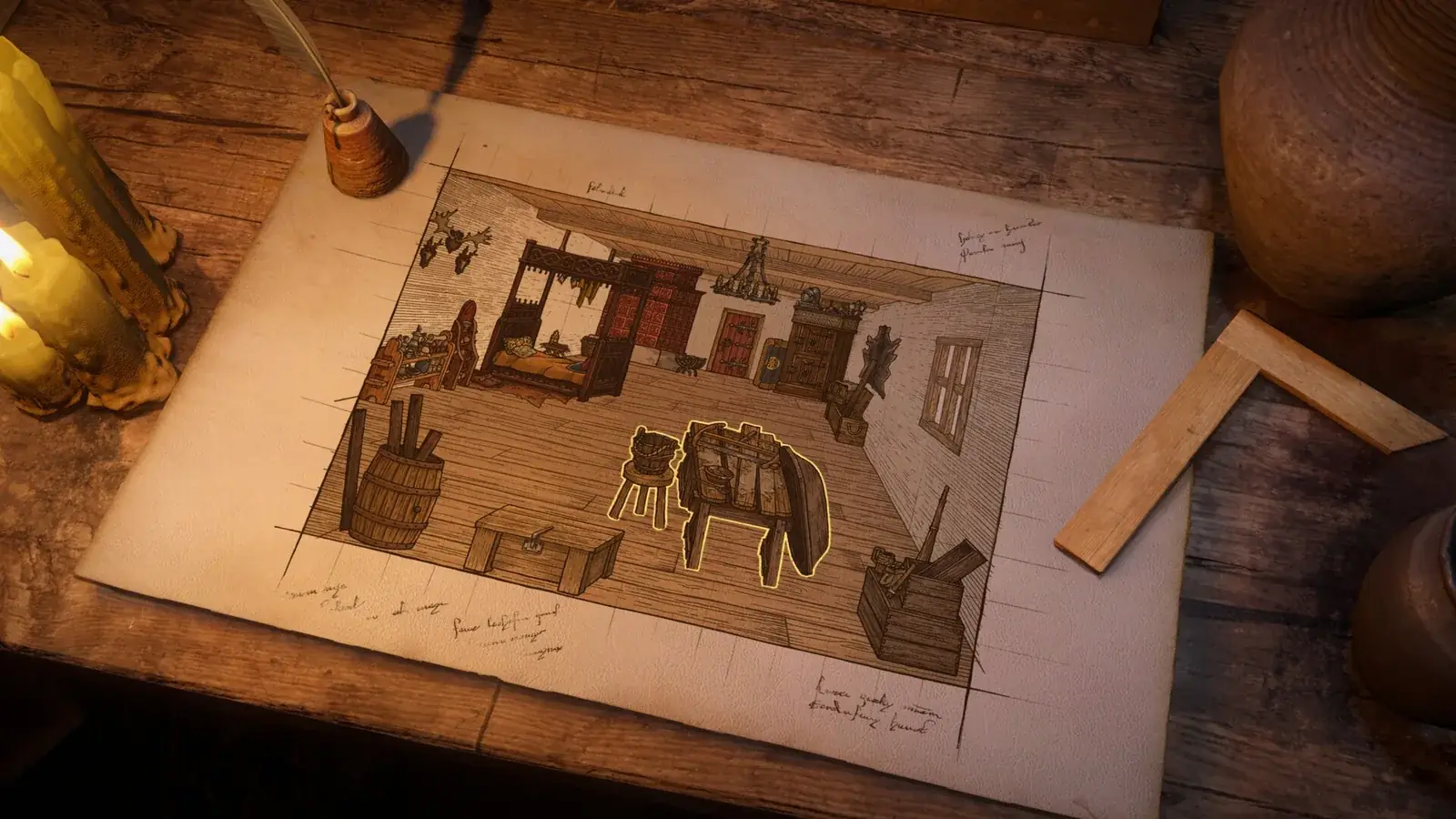 Plánek zařízení kovárny na stole s úhelníkem a svíčkou, rozšíření Legacy of the Forge