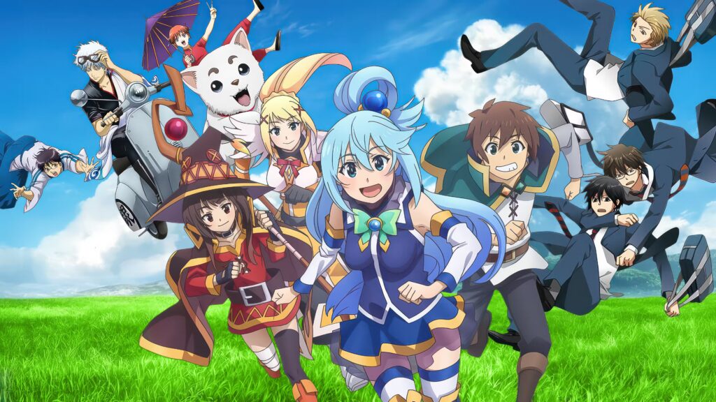 Kazuma and company in comedy scenes from KonoSuba
