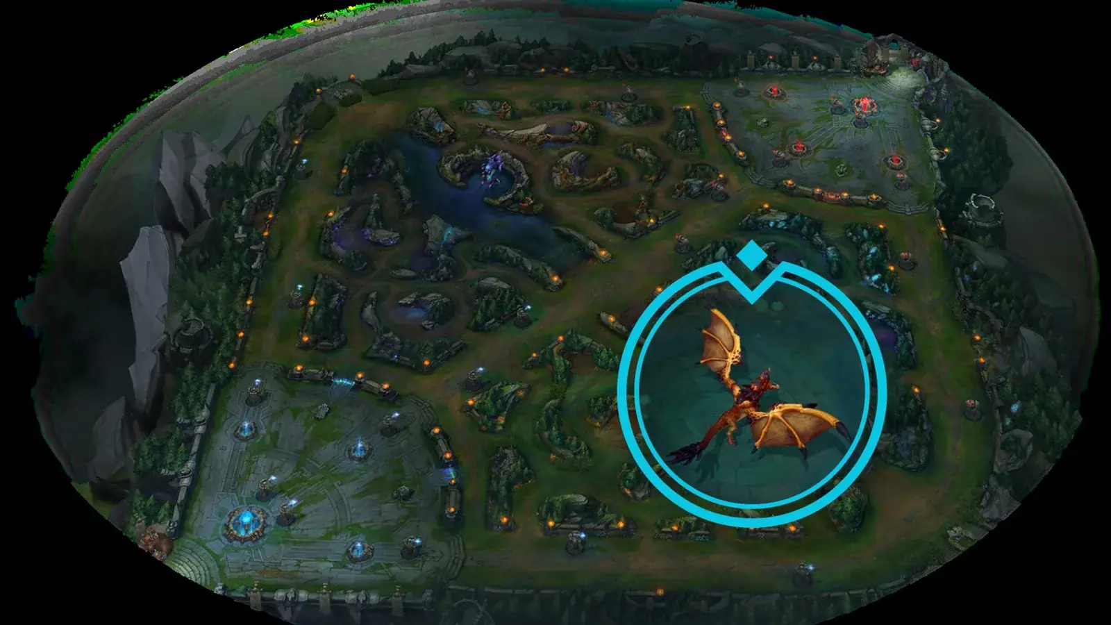 Mapa Summoner's Rift se zvýrazněným drakem v modrém kroužku vpravo dole