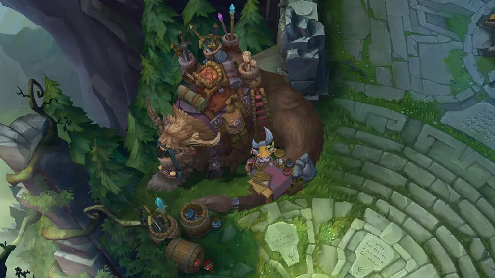 Výřez Summoner's Rift z ptačí perspektivy s kamennou stezkou a zelení