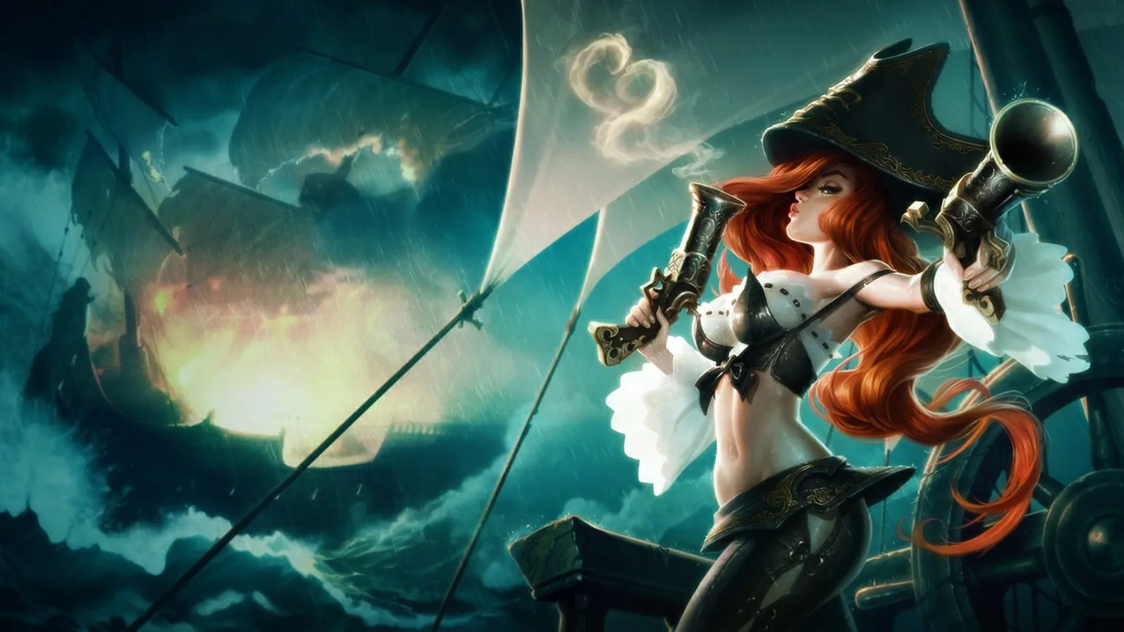 Miss Fortune s dvojicí pistolí na palubě lodi v rozbouřeném moři