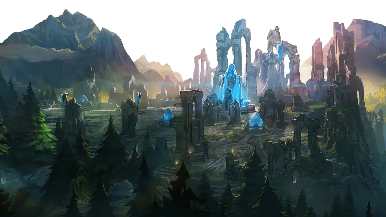 Krajina Summoner's Rift s lesem, řekou a vzdálenou základnou s modrým krystalem
