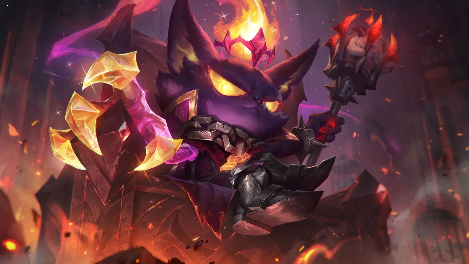 Veigar ve fialovo-zlatém skinu se žhnoucíma očima, holí a plameny