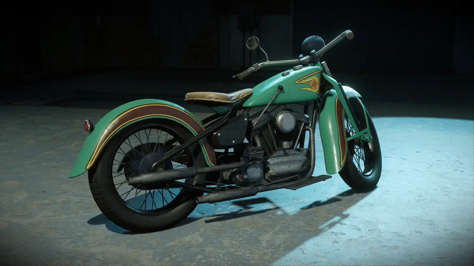 Zelený motocykl ve stylu třicátých let stojí v tmavé garáži