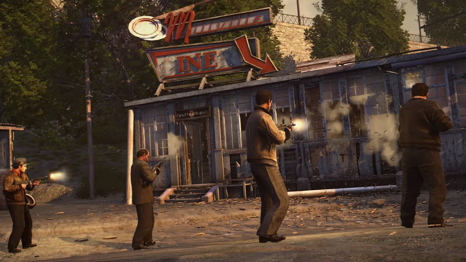 Přestřelka před bistrem s neonovým nápisem, muži v kabátech střílí, Mafia II: Definitive Edition