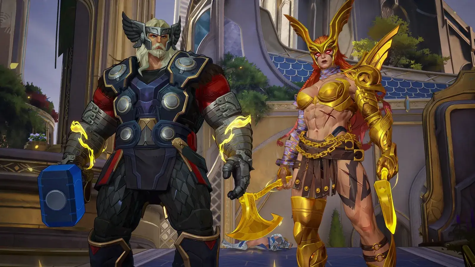 Thor s modrým kladivem a Angela ve zlaté zbroji stojí vedle sebe před palácem