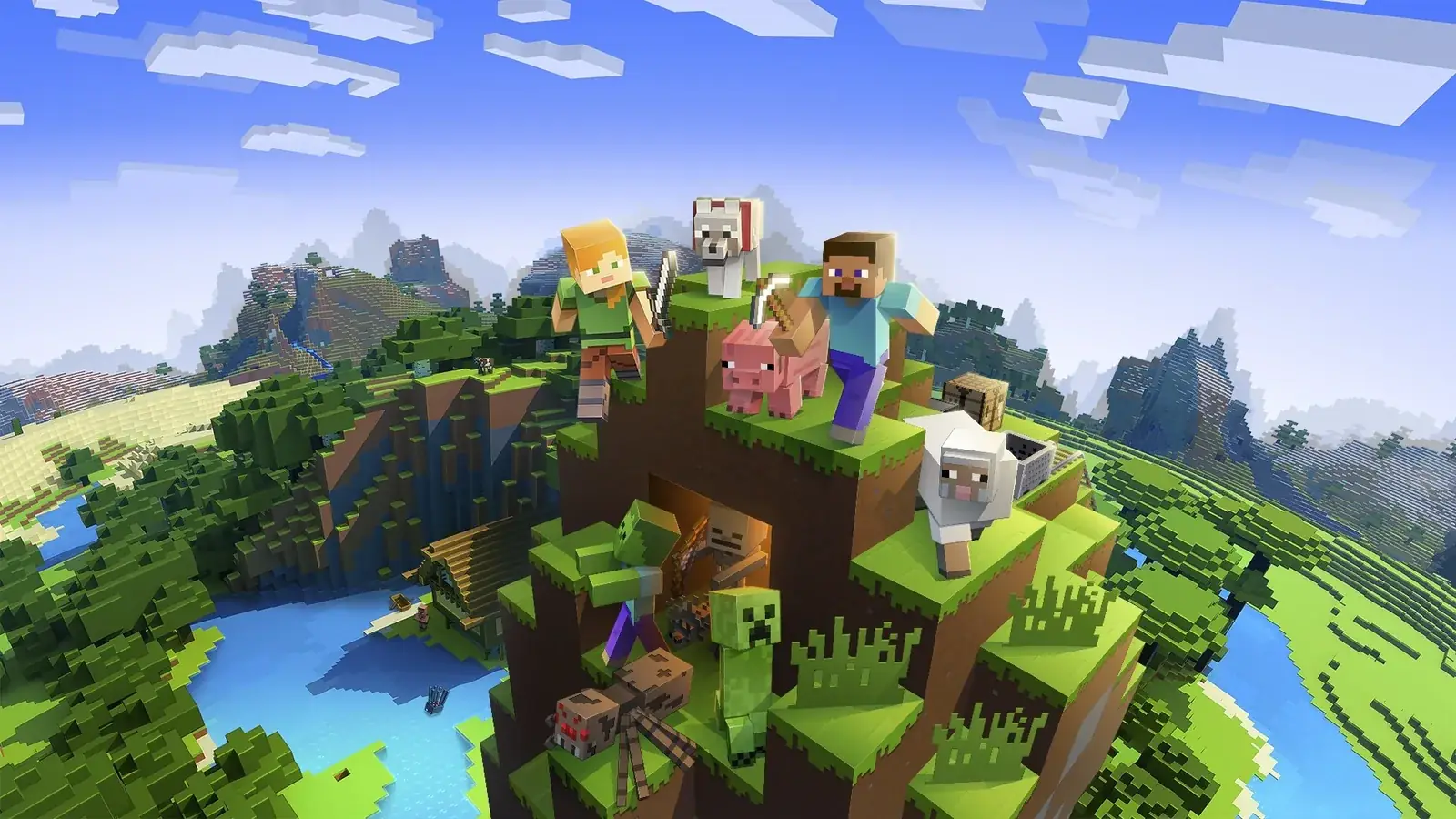 Alex a Steve se zvířaty na kopci, klasický obrázek Minecraftu