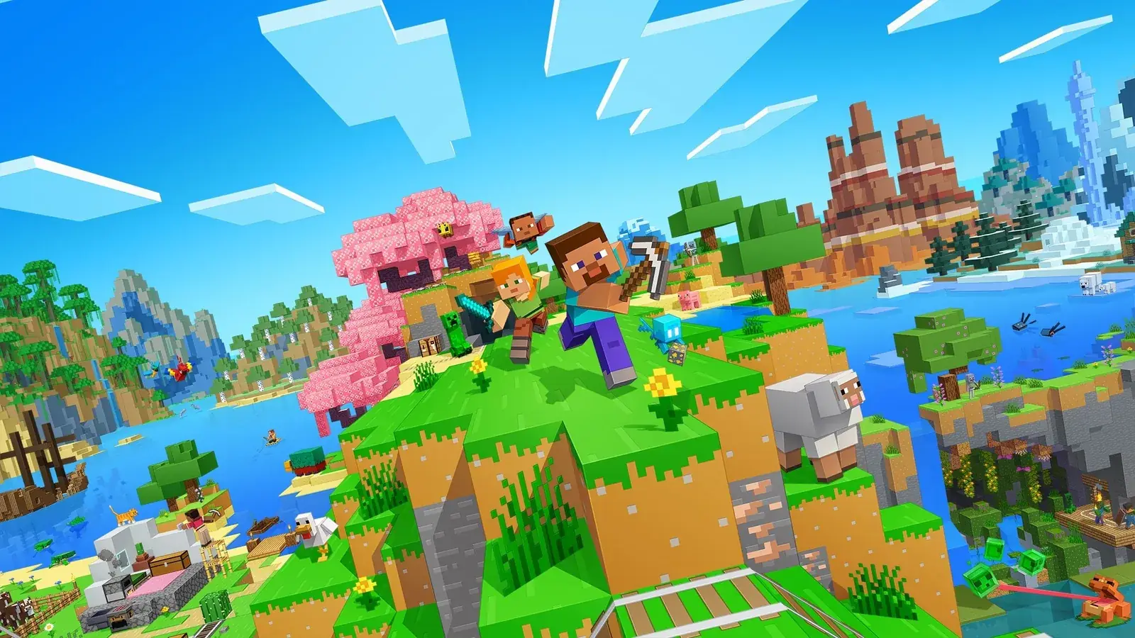 Postavy Minecraftu pod třešňovým stromem, v pozadí létající ostrovy