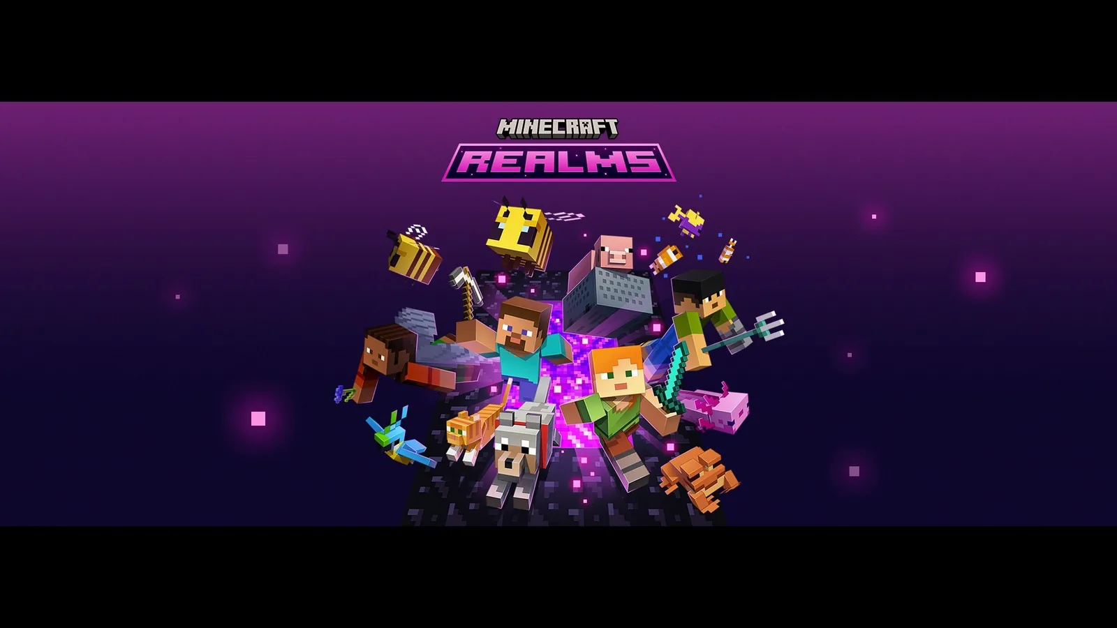 Logo Minecraft Realms a postavy hráčů