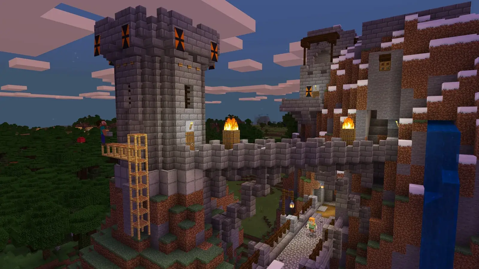 Stavba v Minecraftu s věží, hradem a vodopádem