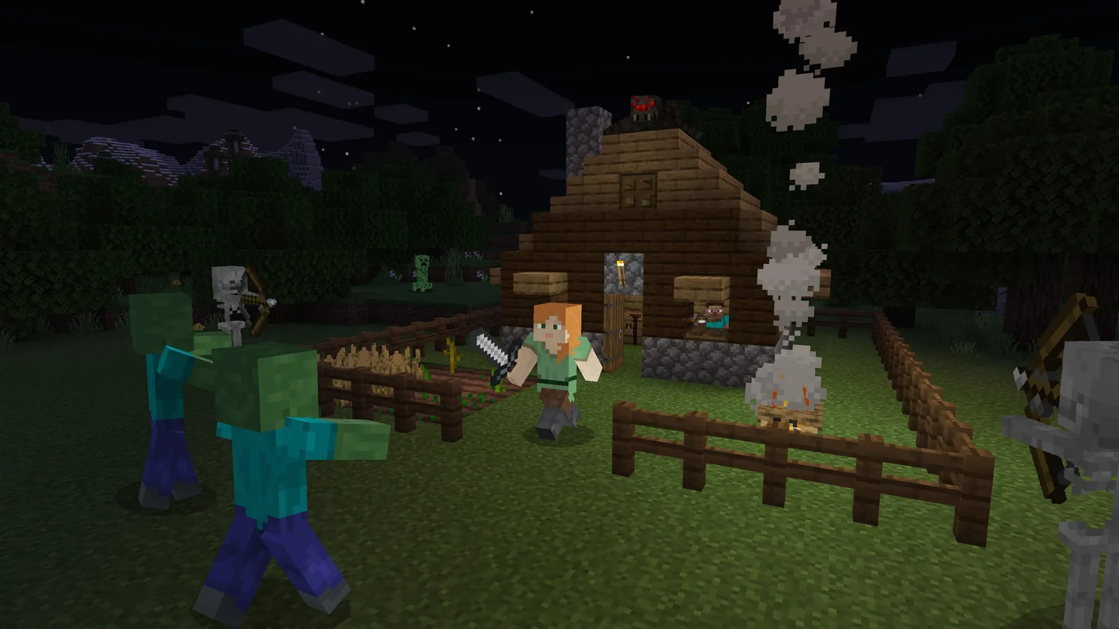 Hráči Minecraftu ve zbroji se zbraněmi v noci mezi moby
