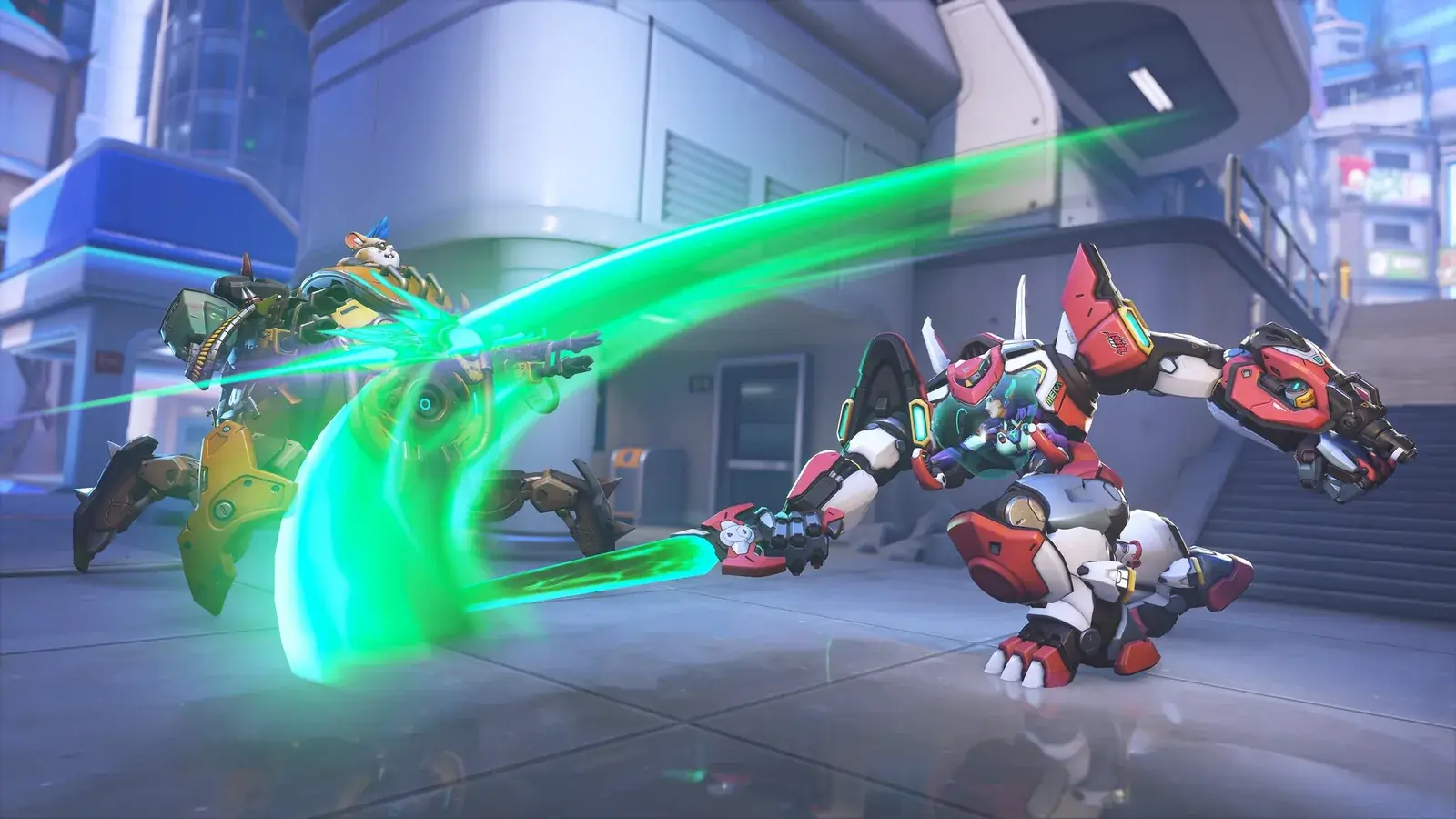 Zelený energetický oblouk a mech v ulici na mapě Overwatch