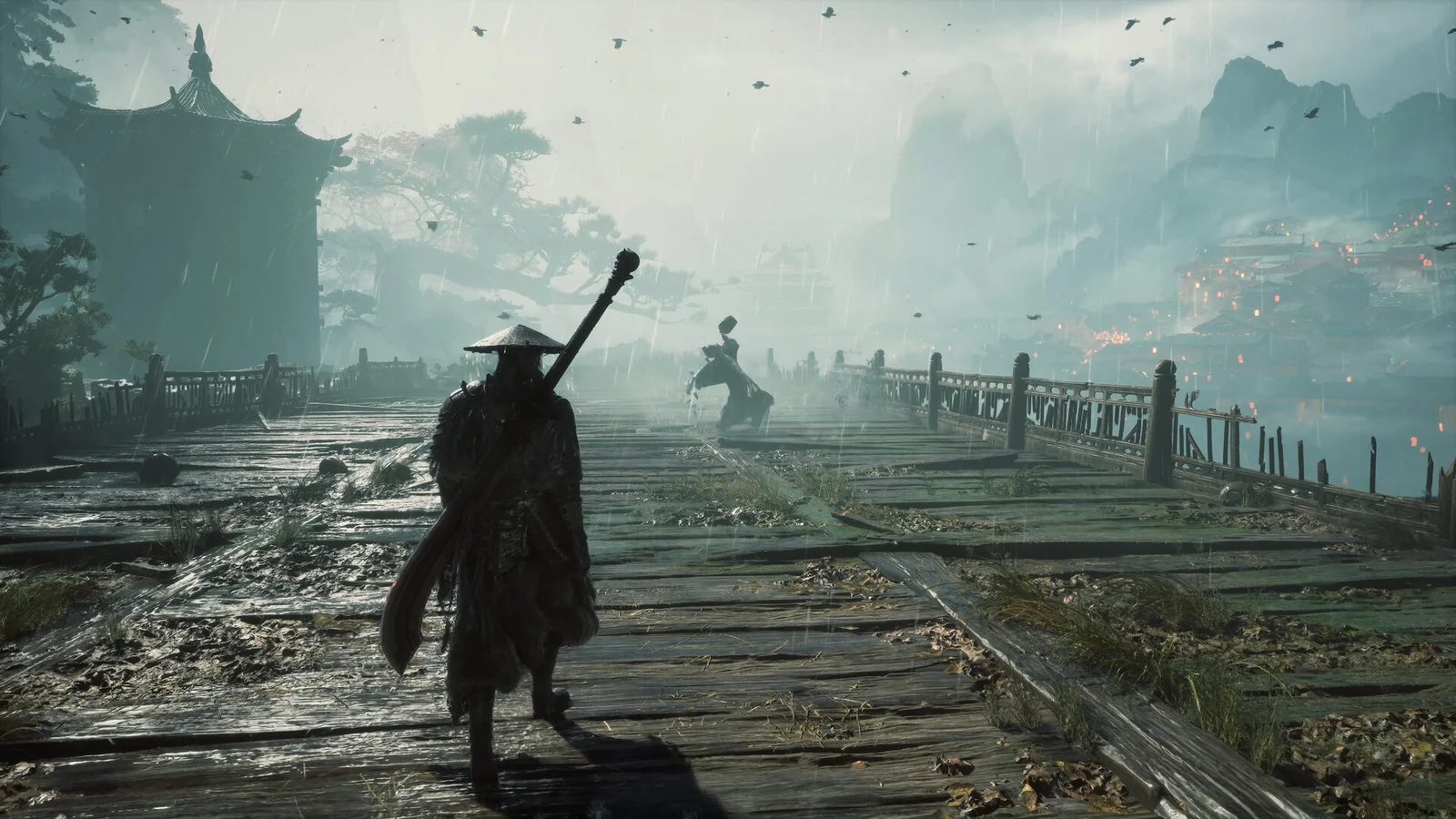 Soul s kloboukem a mečem na dřevěném mostě v dešti v Phantom Blade Zero