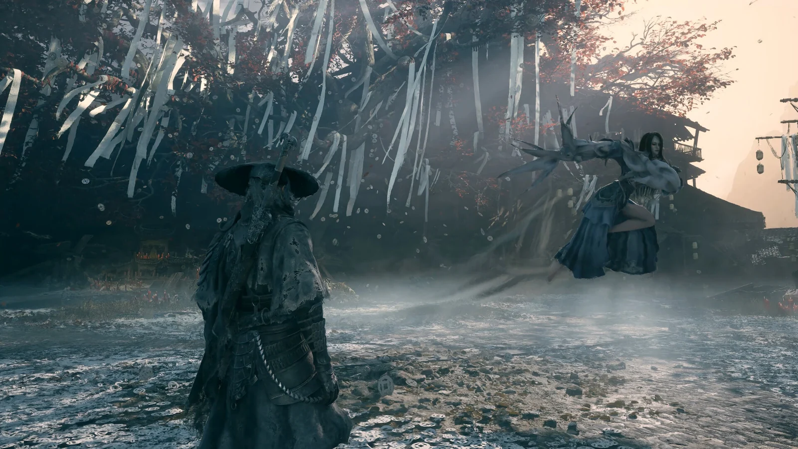 Soul v souboji s protivníkem, který k němu letí vzduchem, v Phantom Blade Zero