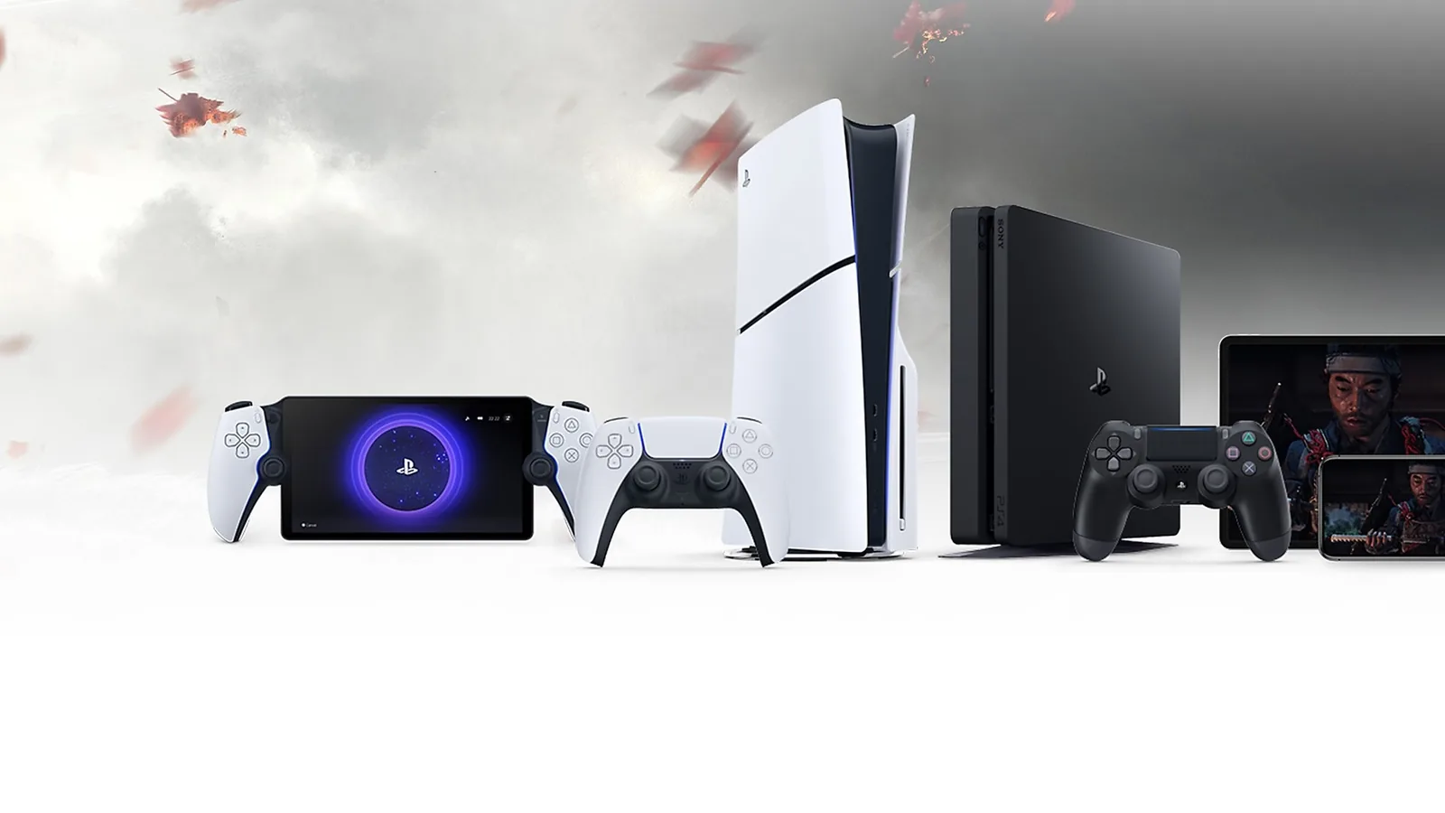PlayStation Portal, DualSense, PS5 Slim, PS4, tablet a mobil na světlém pozadí
