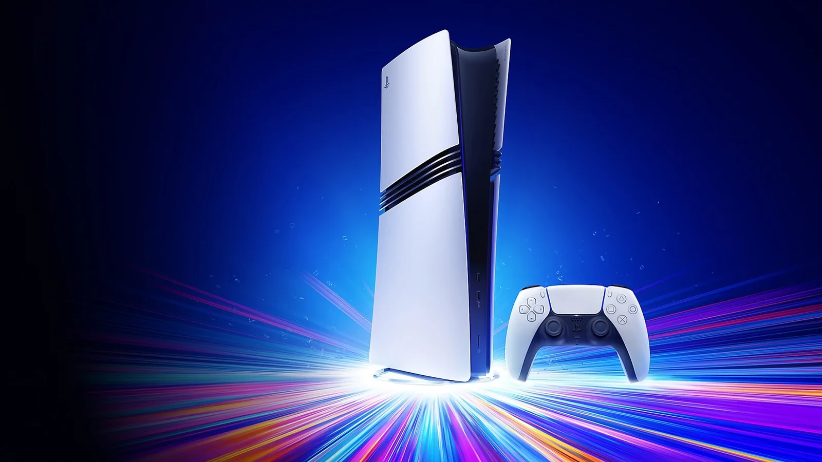 PS5 Pro na stojanu s ovladačem DualSense v modrém světle