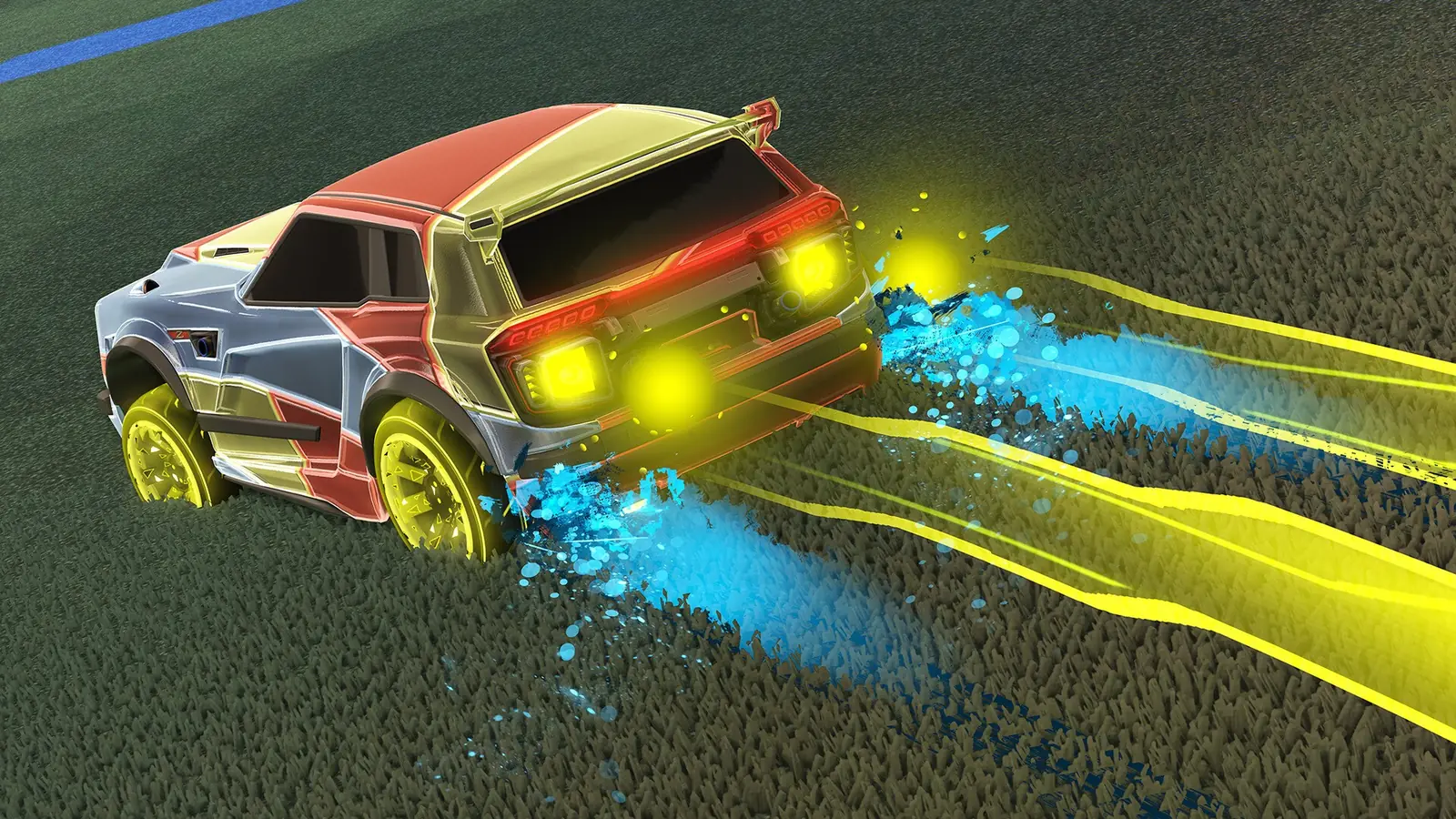 Stříbrné auto se žlutými světly a světelnou stopou v aréně Rocket League