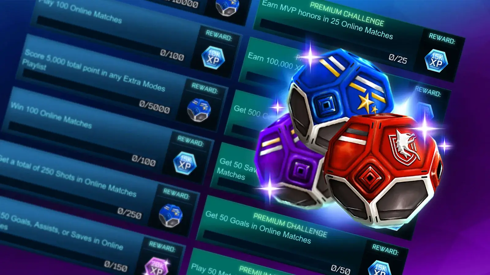 Menu výzev Challenges v Rocket League s míči