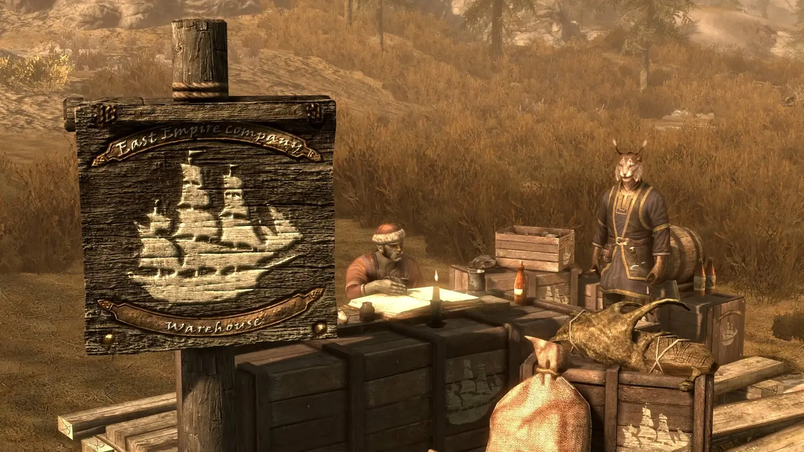 Khajiitská karavana u cedule East Empire Company z Creations Rare Curios