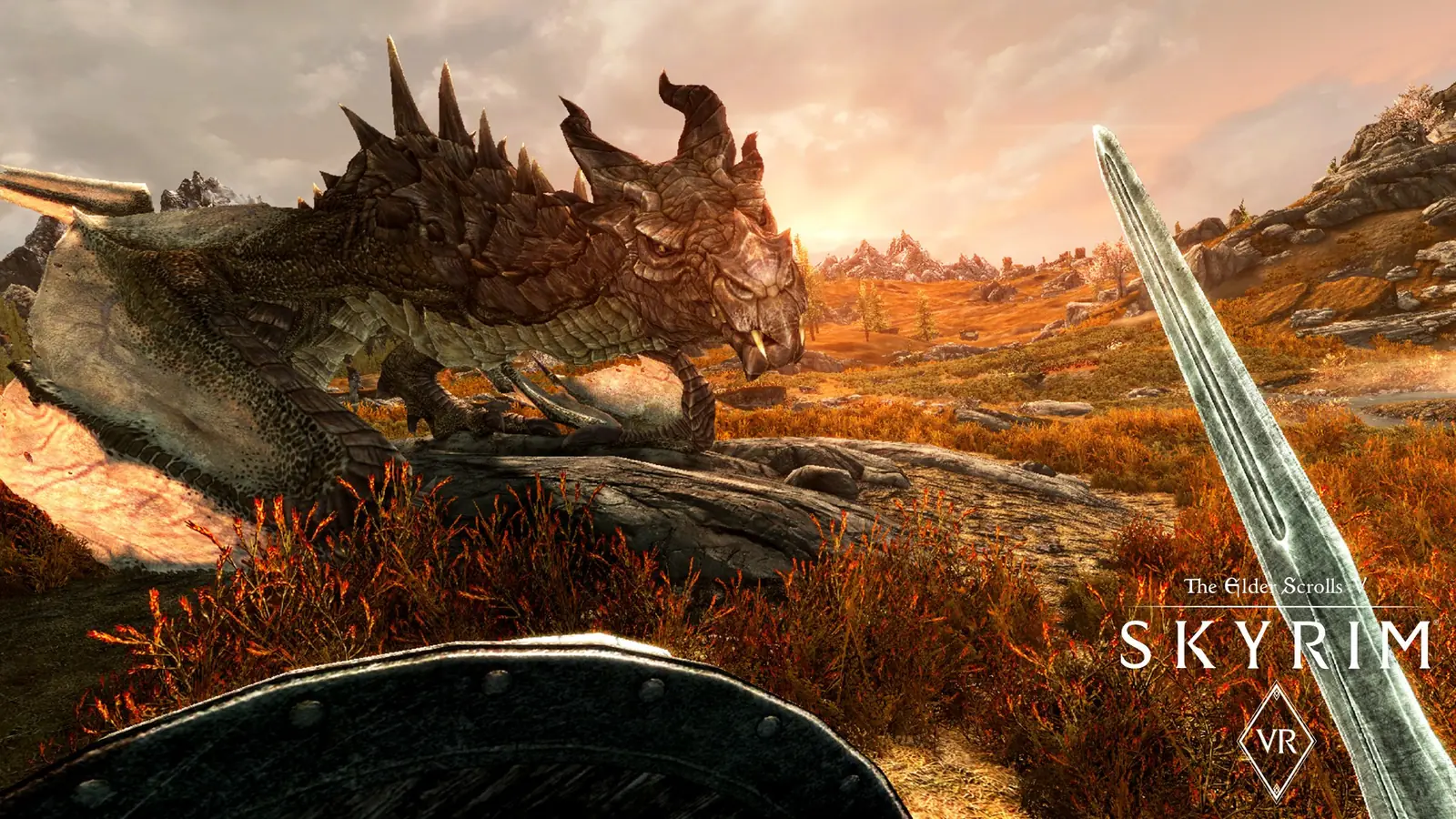 Skyrim VR: drak na pláni, v rukou hráče meč a štít