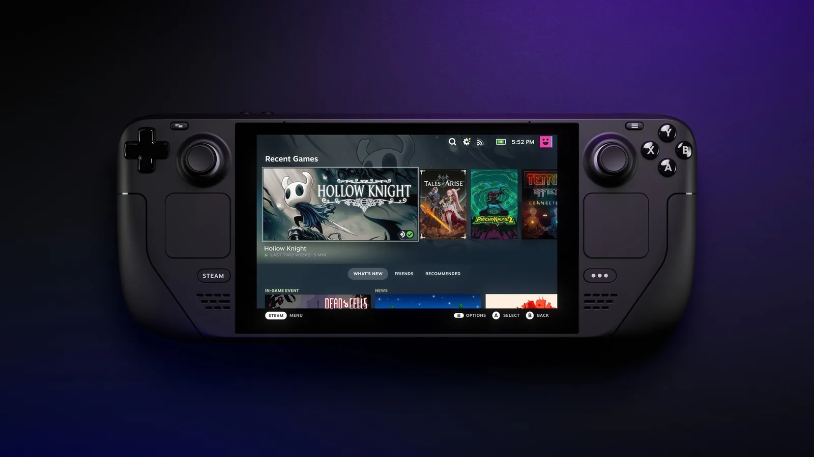 Steam Deck LCD zepředu ve fialovém světle, na displeji knihovna Steamu