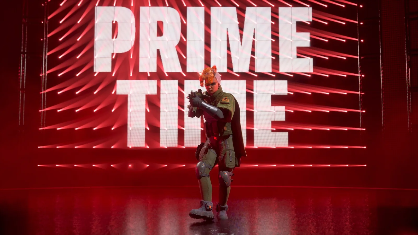 Soutěžící před velkým nápisem PRIME TIME na červené stěně