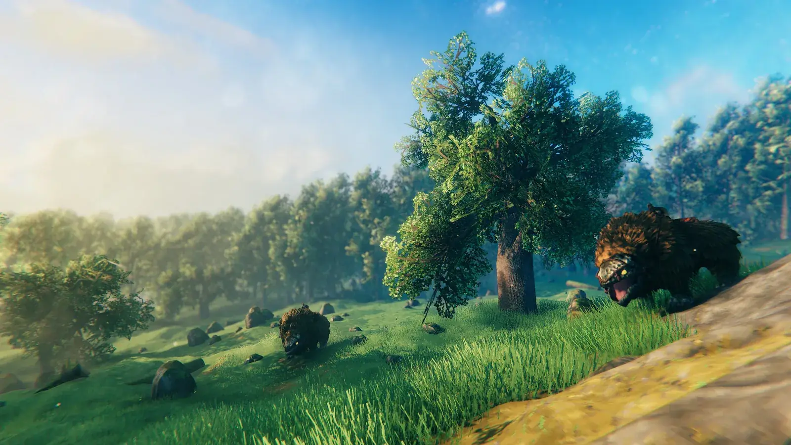 A sunny meadow with broadleaf trees and wild animals