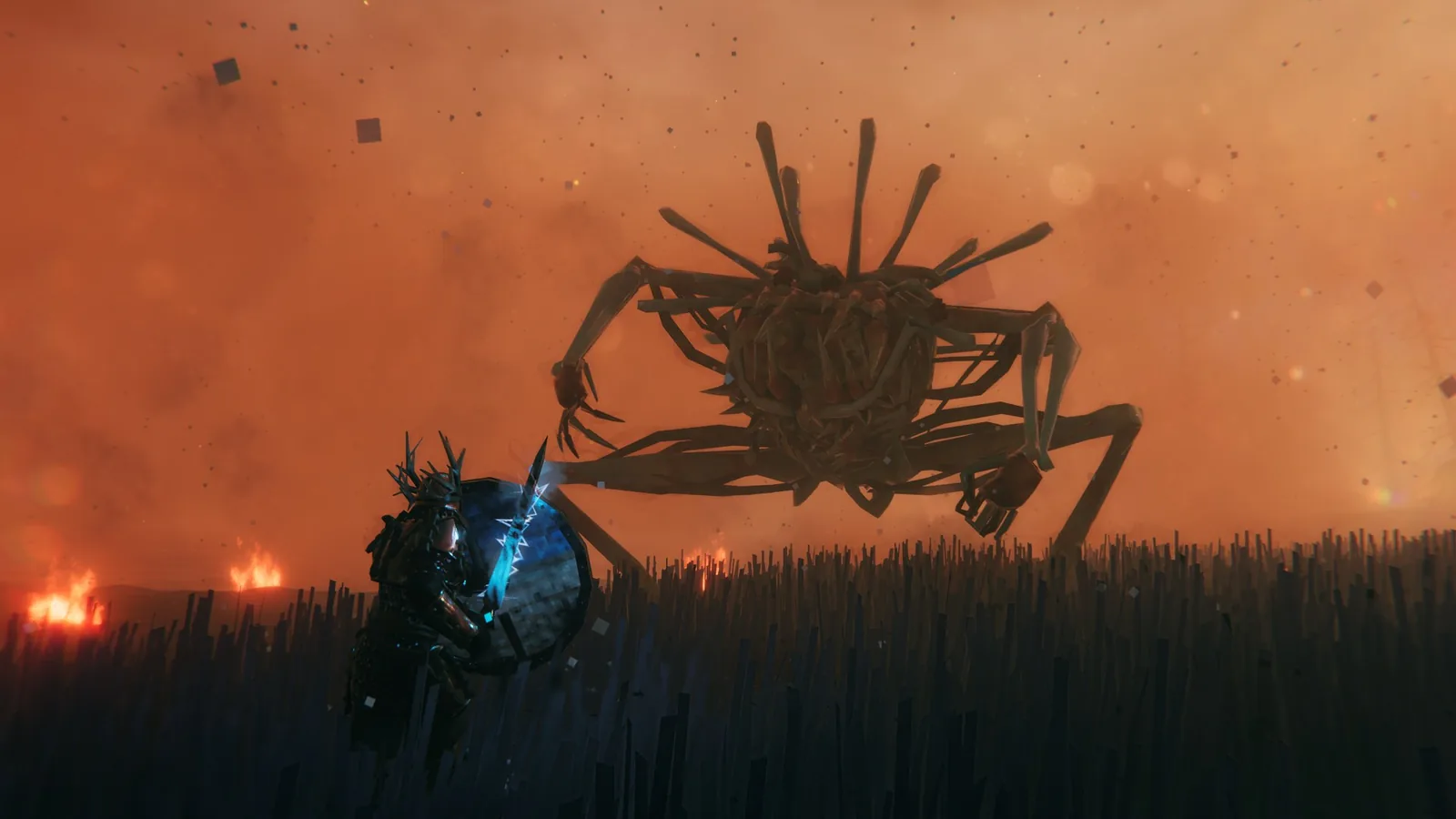 Viking se štítem proti velkému tvorovi v hořící krajině Ashlands