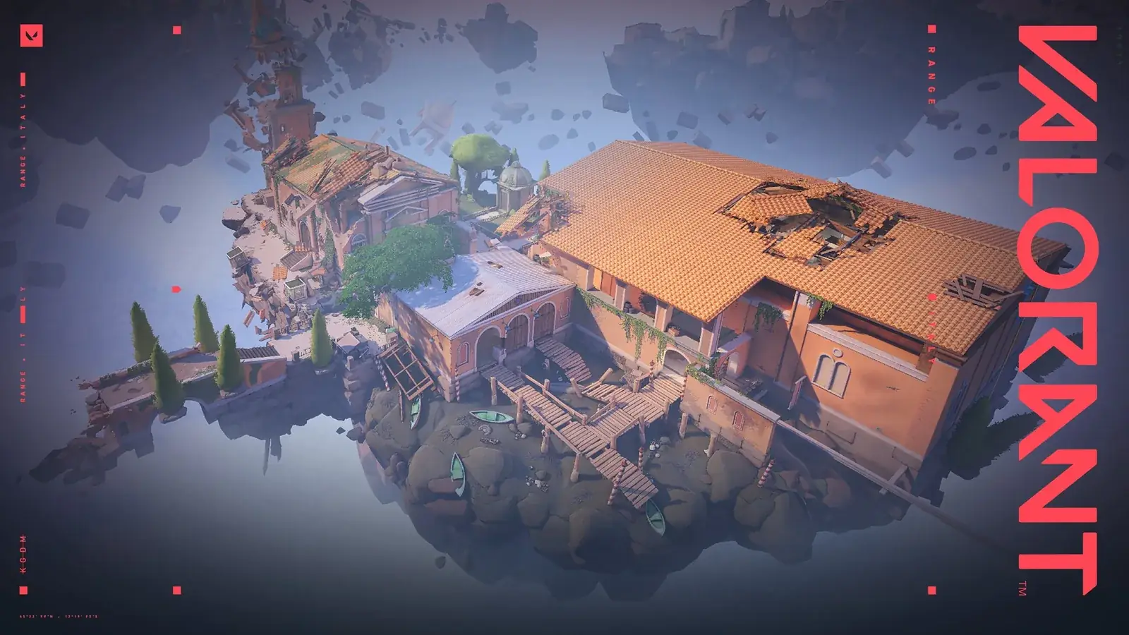 Bird's-eye view of the Range practice area, Italian buildings on a floating island