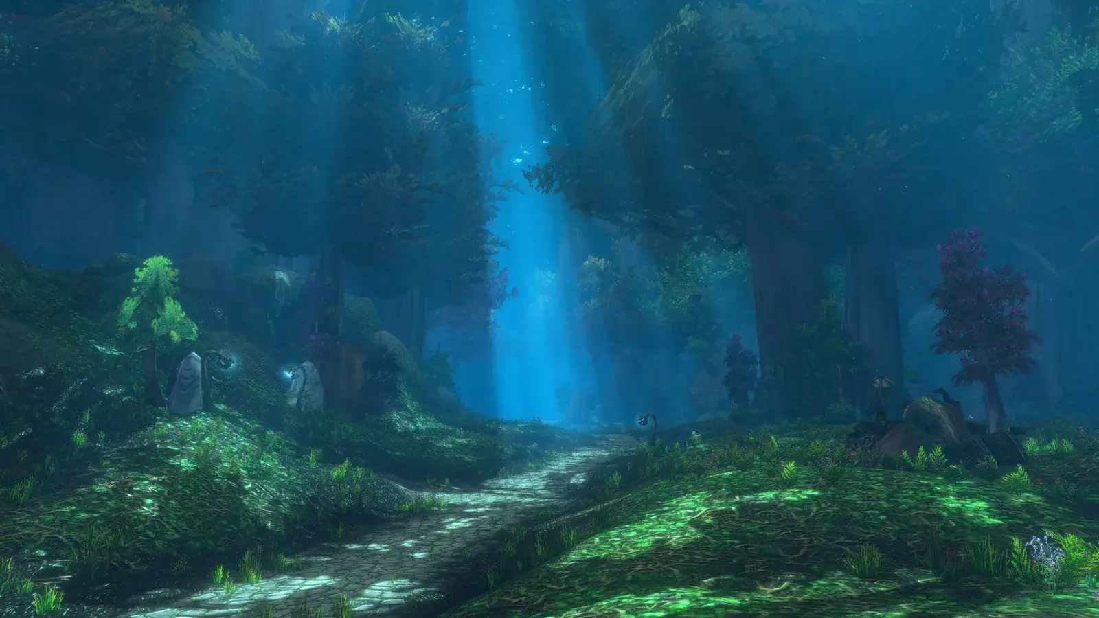 Les Ashenvale s paprsky světla a stezkou, ukázka nového osvětlení WoW: Forever