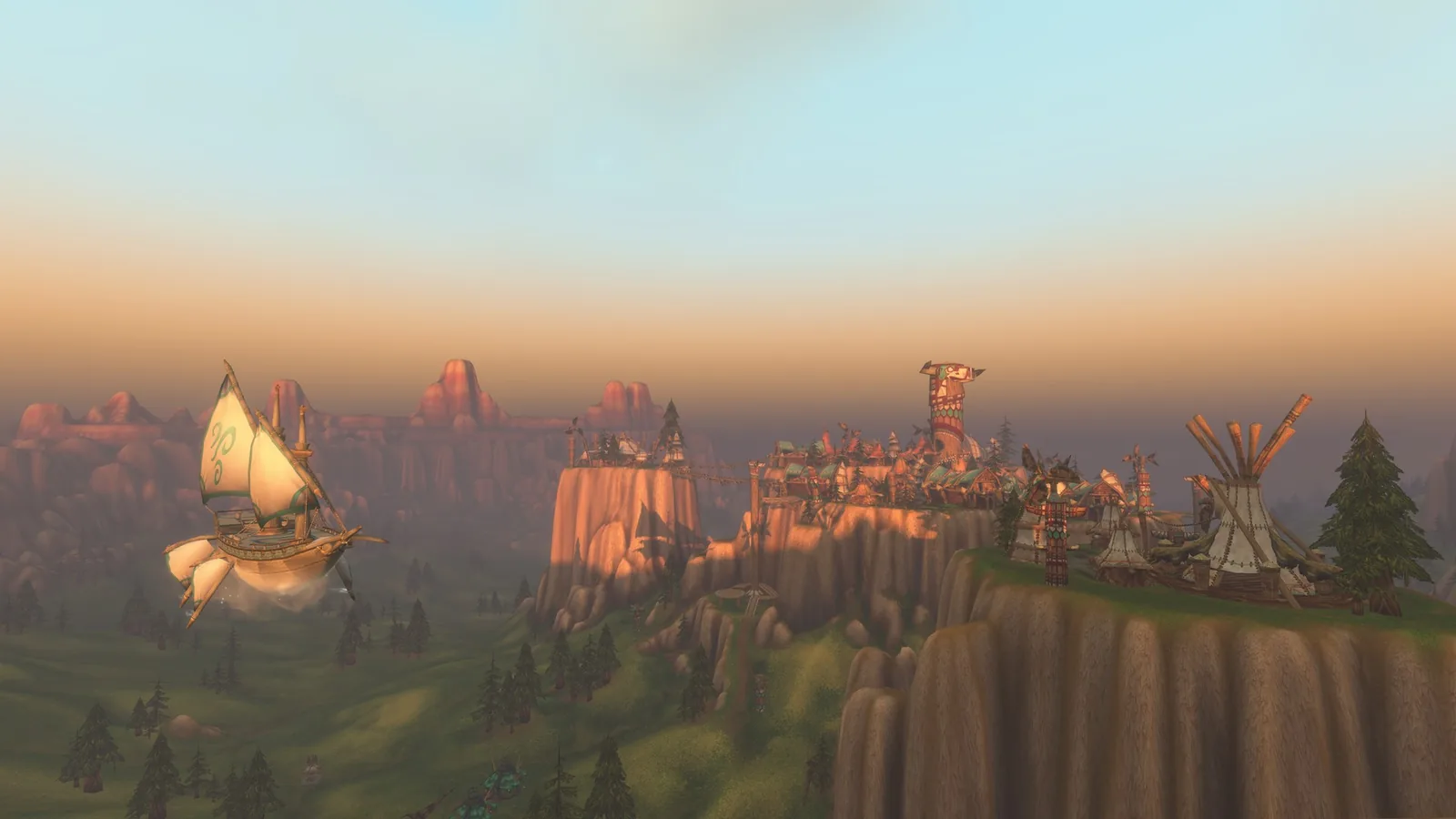 Náhorní plošina Mulgore s týpí a vzducholodí při západu slunce, WoW: Forever