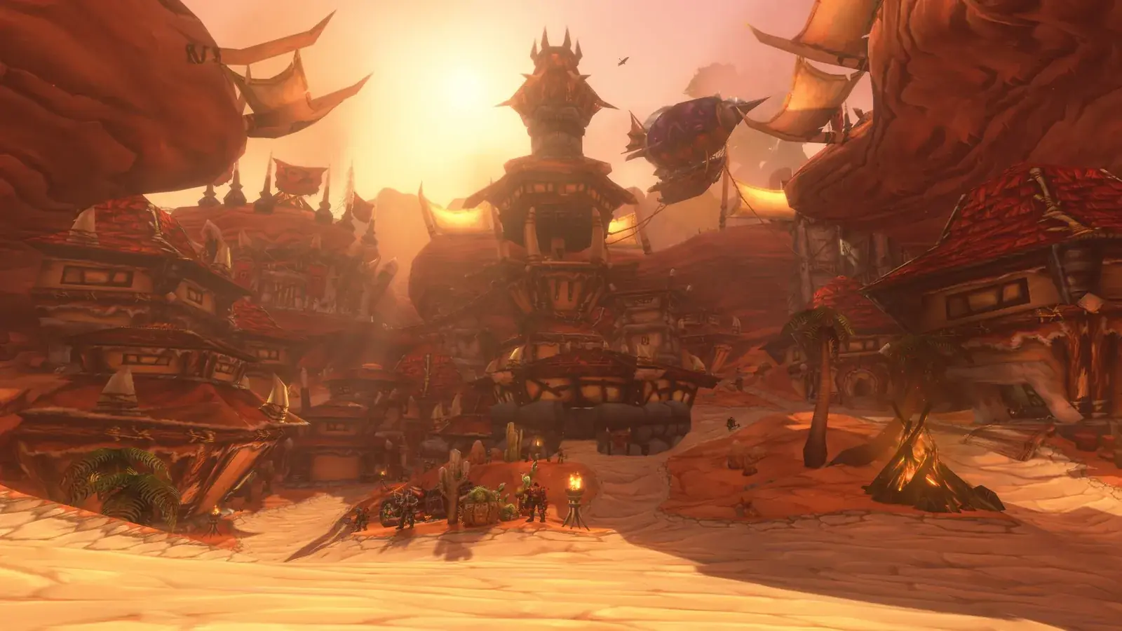 Orgrimmar při západu slunce s hordskými budovami a vzducholodí, WoW: Forever