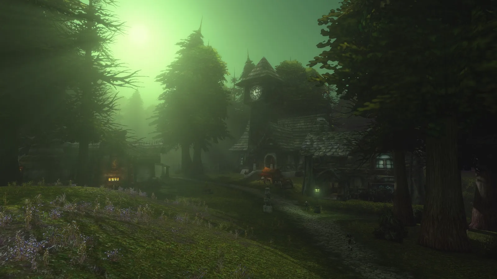 Tirisfal Glades v zelené mlze, temný les a dům, nové osvětlení WoW: Forever