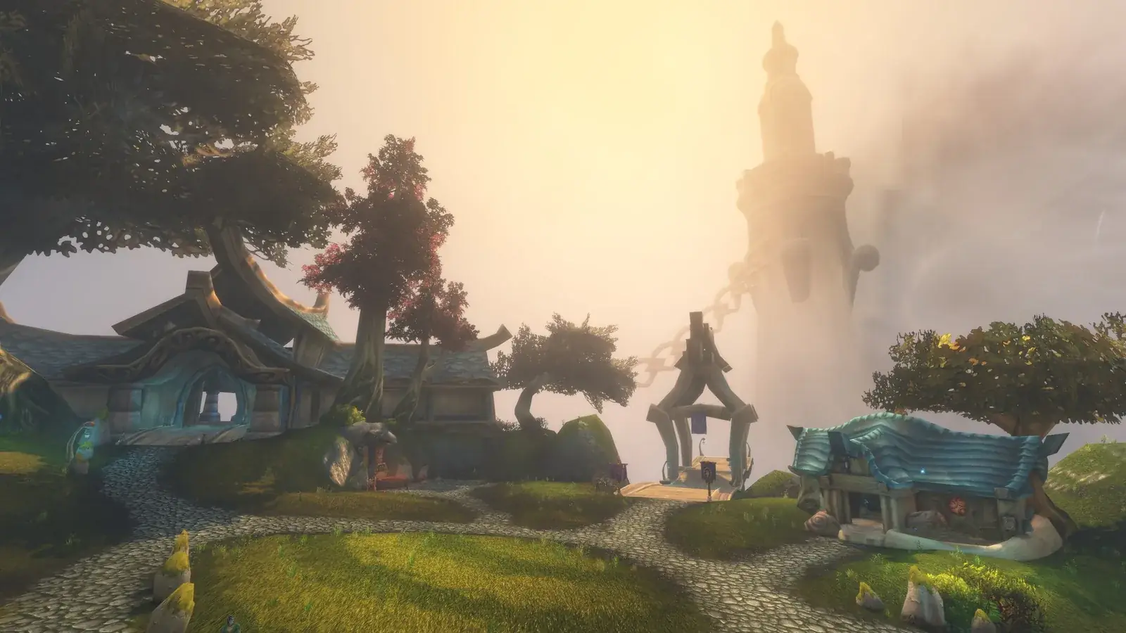 Vesnička na ostrově Zephras Isle ve zlatém oparu, v pozadí věž, WoW: Forever