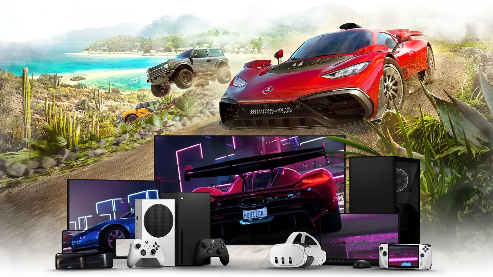 Televize, konzole Xbox, monitor, notebook, VR headset a handheld s jednou hrou z Xbox Cloud Gaming