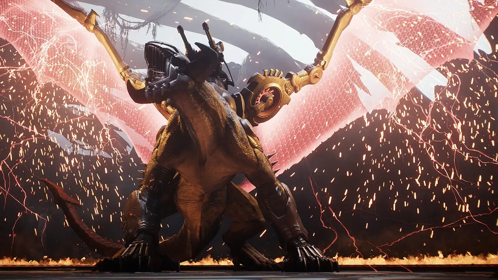 Okřídlené mechanické monstrum v jiskrách a plamenech, herní scéna z propagace Xboxu