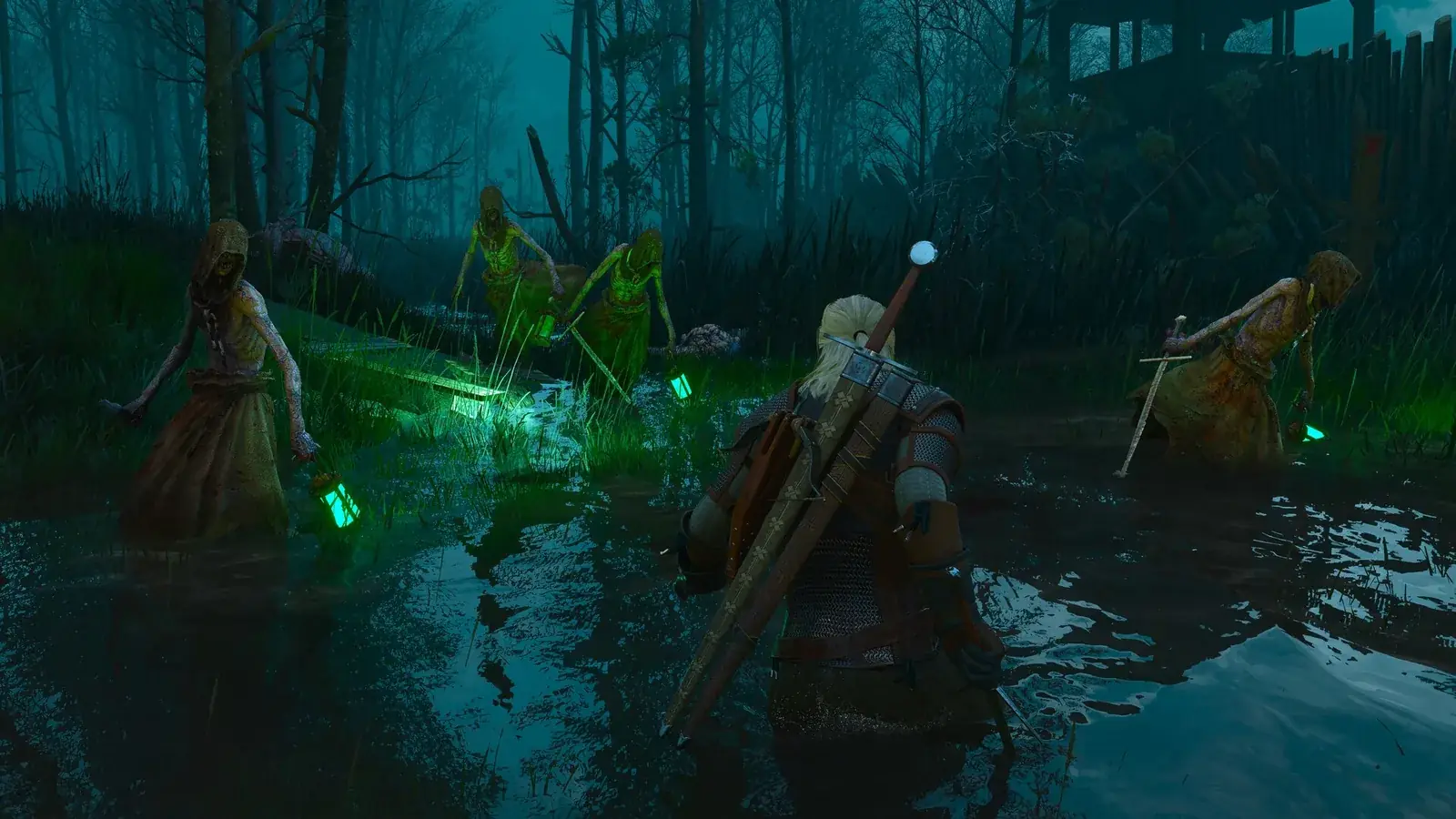 Geralt v bažině proti trojici ježibab se zelenou září