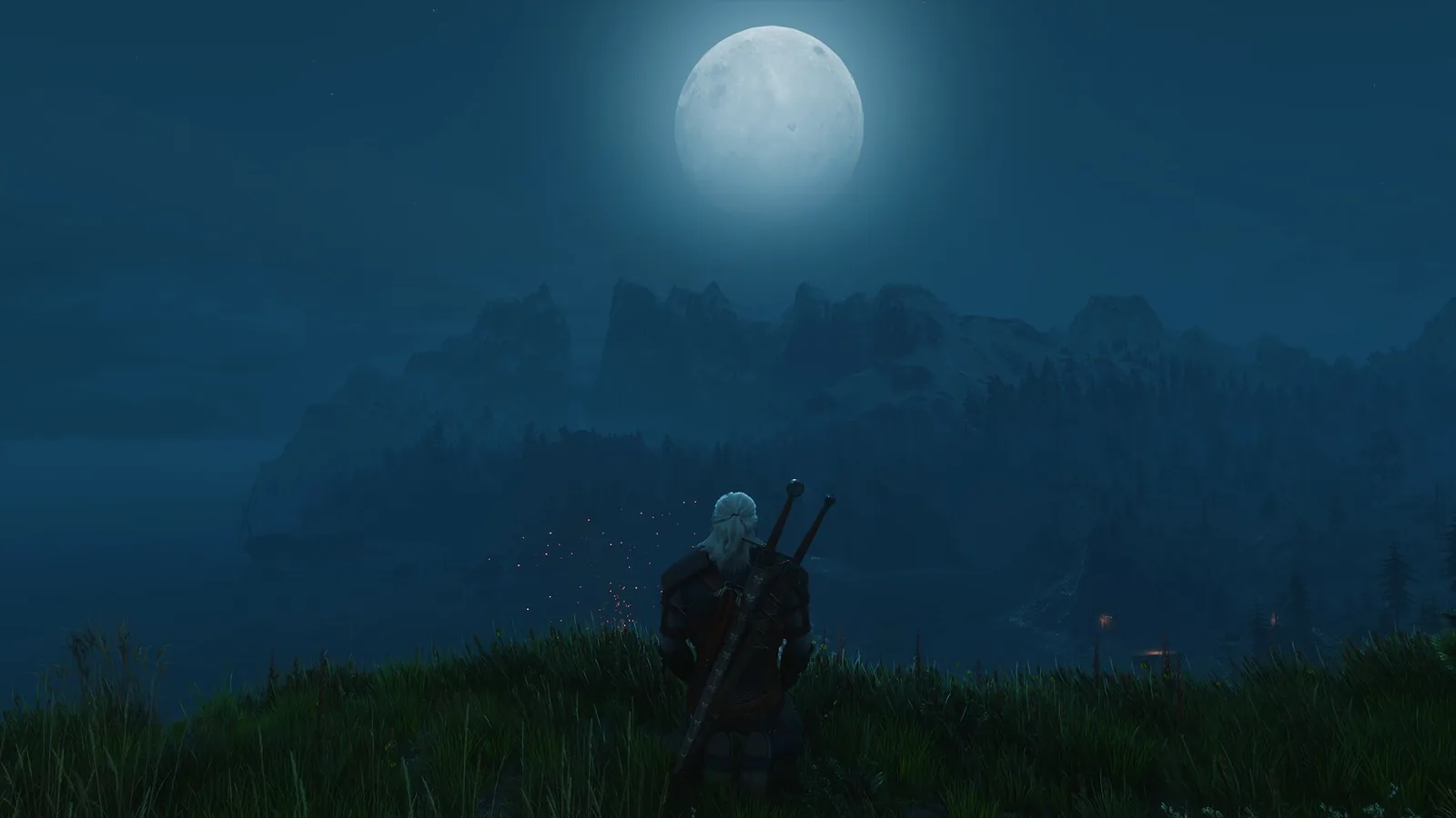 Geralt zezadu pod úplňkem nad nočním krajem