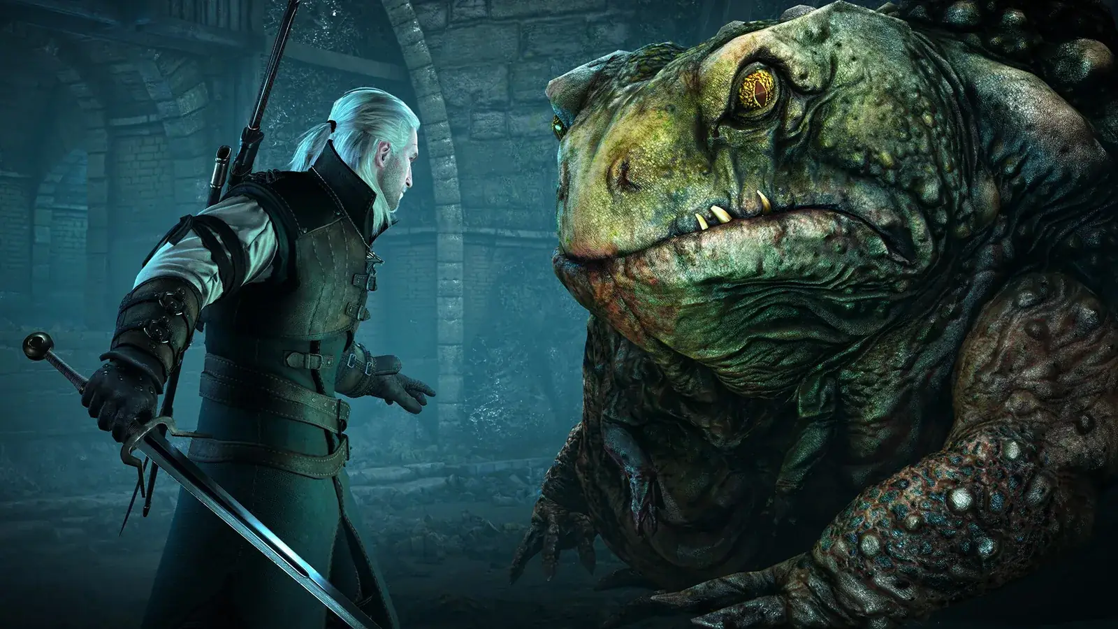 Geralt s mečem proti obří ropuše v kanálech z Hearts of Stone