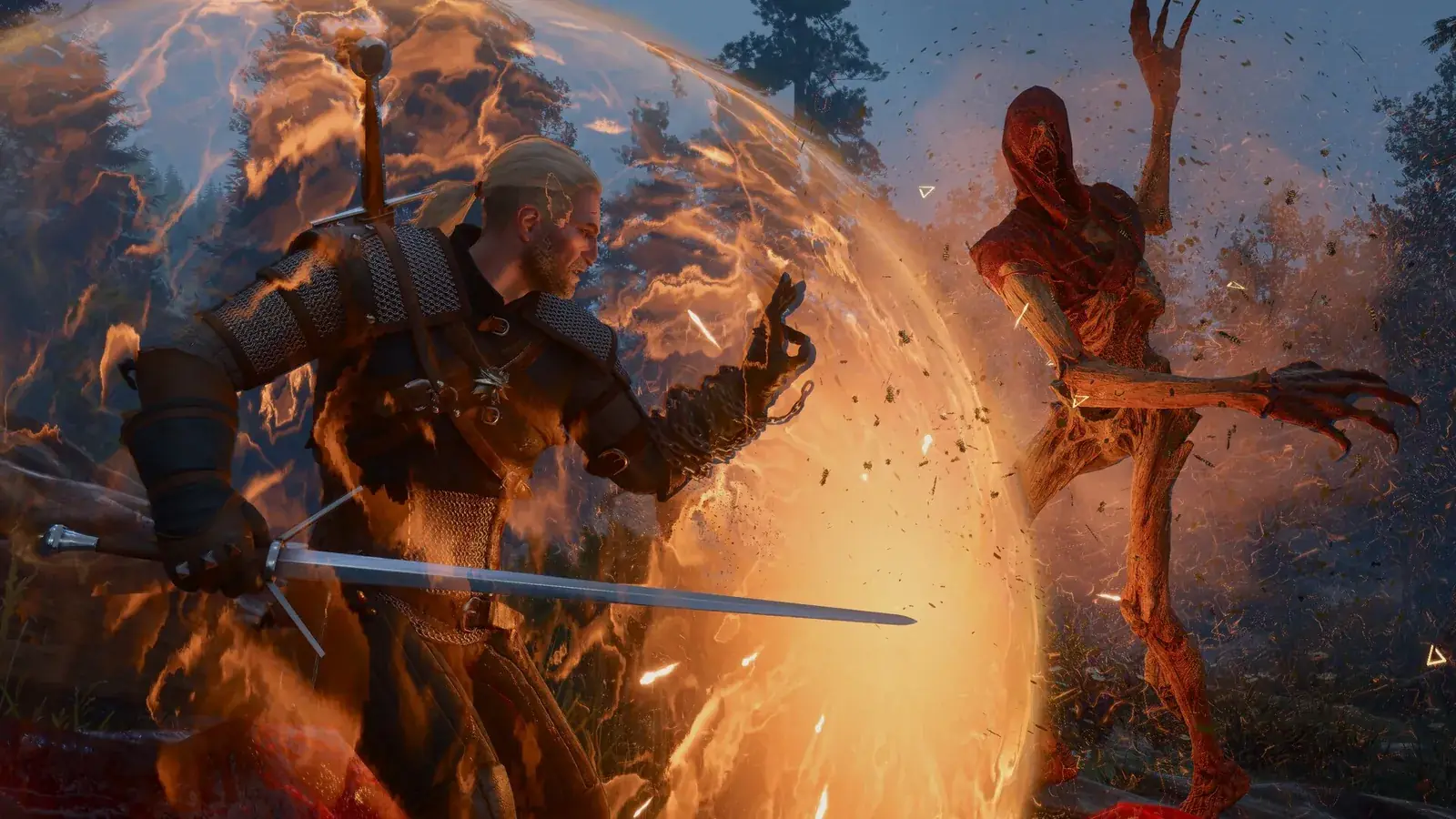 Geralt se štítem Quen proti rudé postavě v plamenech